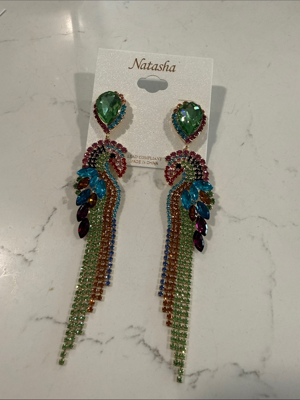 Natasha Couture Green Teardrop Multicolor Fringe Parrot Earrings